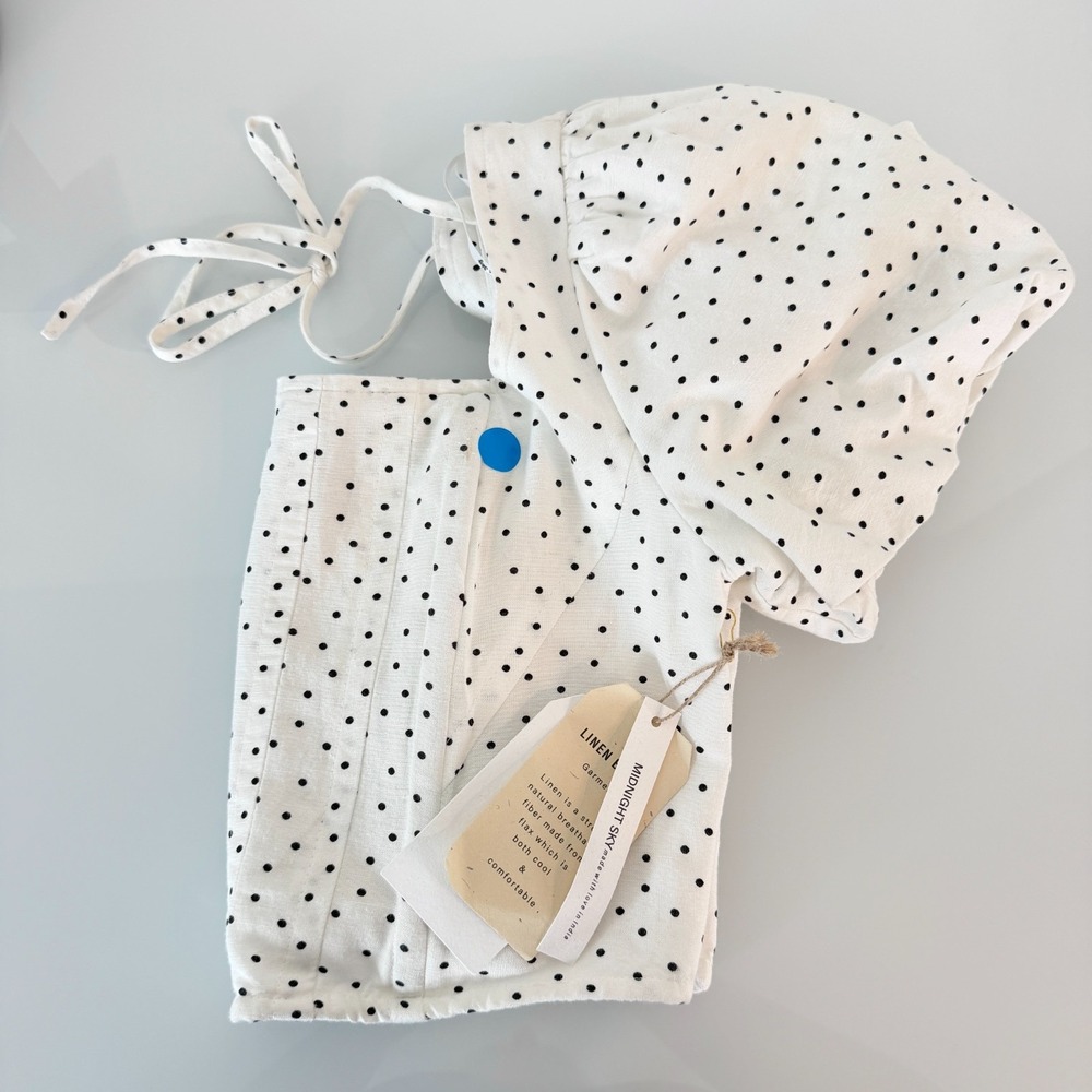 Midnight Sky Polka Dot Crop Top Womens Small Puff Sleeve Linen Coquette Milkmaid - Picture 6 of 7